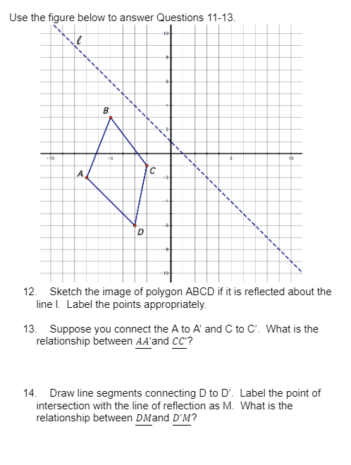 Use the figure below to answer Questions 11-13.
B
D
C
104
+
-2-
-
12. Sketch the image of polygon ABCD if it is reflected about the
line I. Label the points appropriately.
13. Suppose you connect the A to A' and C to C'. What is the
relationship between AA'and CC'?
14. Draw line segments connecting D to D'. Label the point of
intersection with the line of reflection as M. What is the
relationship between DMand D'M?