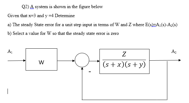 Q2) A system is shown in the figure below
Given that x=3 and y =4 Determine
a) The steady State error for a unit step input in terms of W and Z where E(s)=A;(s)-A2(s)
b) Select a value for W so that the steady state error is zero
A2
Z
W
(s + x)(s + y)
