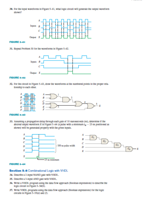 30. For the input waveforms in Figure 5-61, what logic circull will generate the output waveform
shown?
A
С
Output X
FIGURE 5-61
31. Repeat Problem 30 for the waveforms in Figure 5-62
B
C
Inputs B
Output I
FIGURE 5-62
32. For the circuit in Hgare 5-63, draw the waveforms at the numbered points in the proper rela
Borship to each other.
FIGURE 5-63
33. Assuming a propagation delay through each gate of 10 ranoseconds (ns), determine if the
desired output waveform X in Figure 5-64 (a pulse with a minimum -25 as positioned as
shown) will be generated properly with the given inputs.
100 pulse with
25mminimam
С
D
E
G₁₂₁
G₂
FIGURE 5-64
Section 5-6 Combinational Logic with VHDL
34. Describe a 2-input NAND gale with VHDL
35. Describe a 3-input AND gale with VHDL.
36. Wille a VHDL program using the data flow approach (Hoolean expressions) to describe the
logic circuit in Figure 5-54(b).
37. Wirile VHX. programs using the data flow approach (Boolean expressions) for the logic
circuits in Rigure 5-55(e) and (
C₂
G₂₁₂
X.