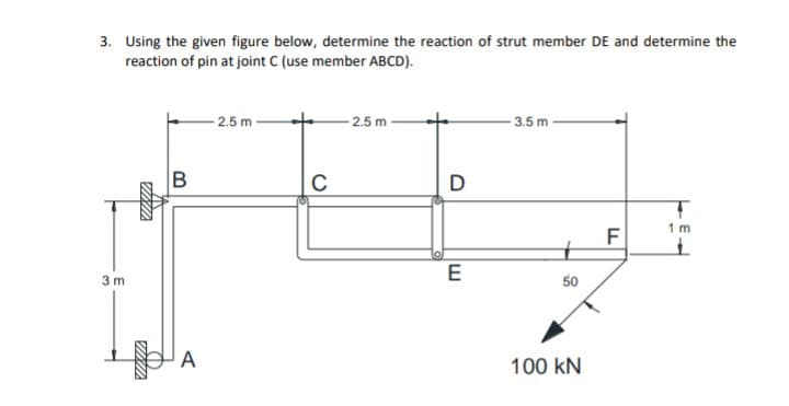 3. Using the given figure below, determine the reaction of strut member DE and determine the
reaction of pin at joint C (use member ABCD).
- 2.5 m
- 2.5 m
3.5 m
C
D
F
1 m
E
3 m
50
A
100 kN
