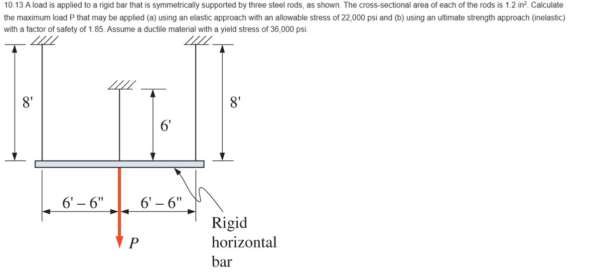 10.13 A load is applied to a rigid bar that is symmetrically supported by three steel rods, as shown. The cross-sectional area of each of the rods is 1.2 in?. Calculate
the maximum load P that may be applied (a) using an elastic approach with an allowable stress of 22,000 psi and (b) using an ultimate strength approach (inelastic)
with a factor of safety of 1.85. Assume a ductile material with a yield stress of 36,000 psi.
8'
6'
6' – 6"
6' – 6"
Rigid
P
horizontal
bar
