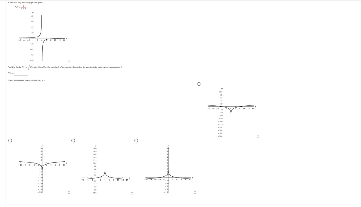 A function f(x) and its graph are given.
FX) =
y
8h
4
-6 -4 - 2
2 4
10
12 14
-2
-4
-6
-81
Find the family F(x) =
f(x) dx. (Use C for the constant of integration. Remember to use absolute values where appropriate.)
F(x) =
Graph the member that satisfies F(0) = 0.
y
10
8
6
4
2
X
-6
-4
8
10 12 14
- 12
-14
-16
- 18
- 20
y
y
y
10
20
20
8
18
18
6
16
16
4
14
14
2
12
12
10
10
- 10 -8 -6 -4
2.
4
8
10
8
8
-4'
6
6
-6
4
-8
- 10
2 4 6 8
-TO -8 -6
-4
-2_2
2
4
8 10
- 12
-2
10
12 14
6
-14
-4
- 16
-6
- 18
- 201
-8
- 10
-10
