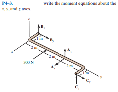 P4-3.
write the moment equations about the
x, y, and z axes.
2 m
300 N
C,
