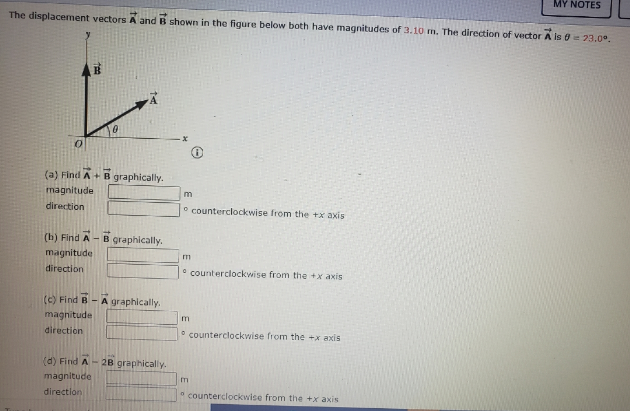 MY NOTES
The displacement vectors A and B shown in the figure below both have magnitudes of 3.10 m. The direction of vector A is = 23.0°.
(a) Find A+ B graphically.
magnitude
m
direction
° counterclockwise from the tx axis
(b) Find A - B graphically.
magnitude
direction
* counterclockwise from the +x axis
(c) Find B - A graphically.
magnitude
m
direction
° counterclockwise from the +x axis
(d) Find A- 2B graphically.
magnitude
direction
* counterclockwise from the +x axis
