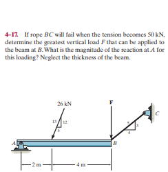 4-17 If rope BC will fail when the tension becomes 50 kN,
determine the greatest vertical load F that can be applied to
the beam at B.What is the magnitude of the reaction at A for
this loading? Neglect the thickness of the beam.
26 kN
1312
в
-2m
