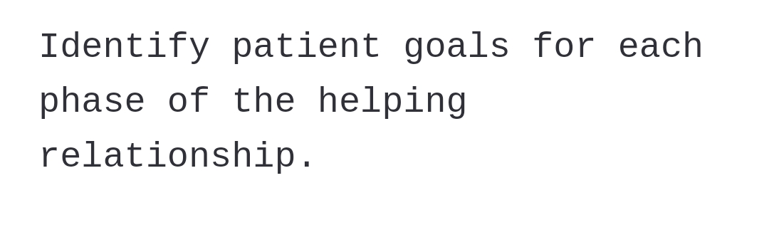 Identify patient goals for each
phase of the helping
relationship.
