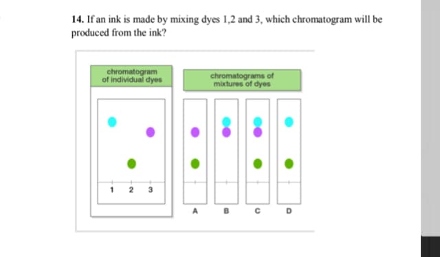 14. If an ink is made by mixing dyes 1,2 and 3, which chromatogram will be
produced from the ink?
chromatogram
of individual dyes
chromatograms of
mixtures of dyes
2
3
D.
