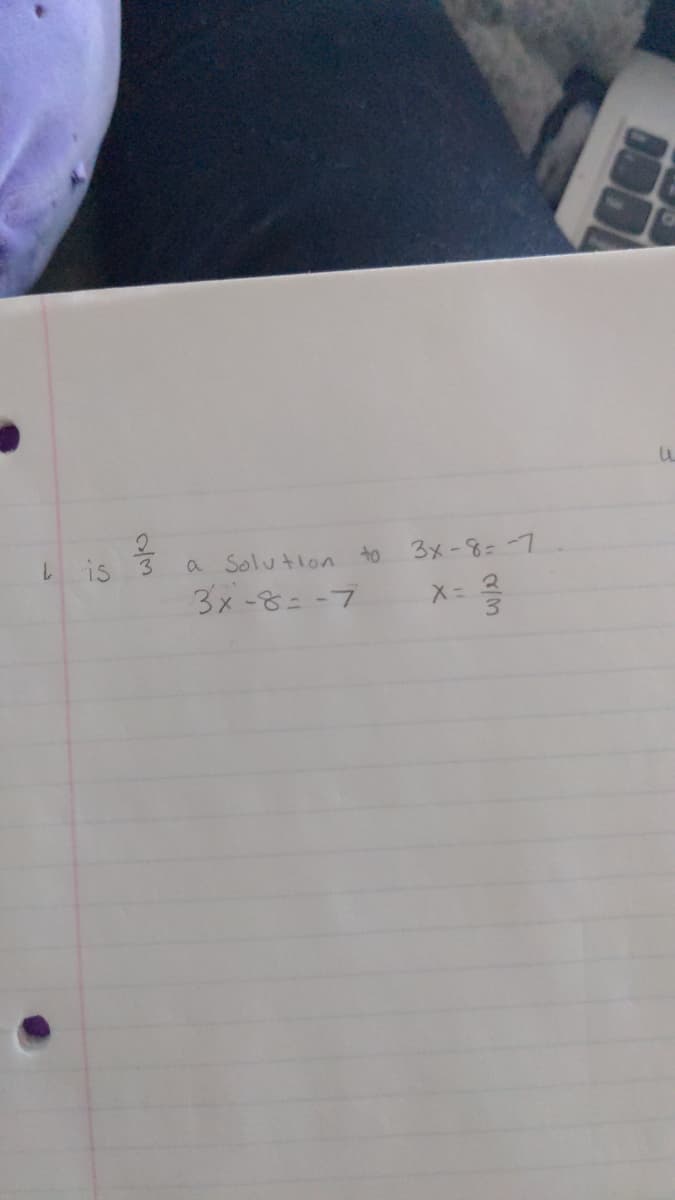 L is 3
a Solution
to
3x-8=-7
