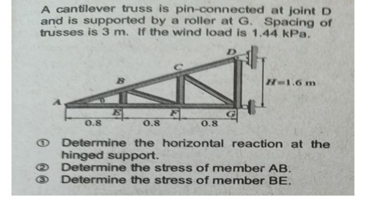 A cantilever truss is pin-connected at joint D
and is supported by a roller at G. Spacing of
trusses is 3 m. If the wind load is 1.44 kPa.
4
0.8
Determine the horizontal reaction at the
hinged support.
Determine the stress of member AB.
Determine the stress of member BE.
0.8
H=1.6 m
0.8