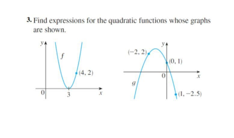 3. Find expressions for the quadratic functions whose graphs
are shown.
(-2, 2),
(0, 1)
(4, 2)
3
(1, -2.5)
