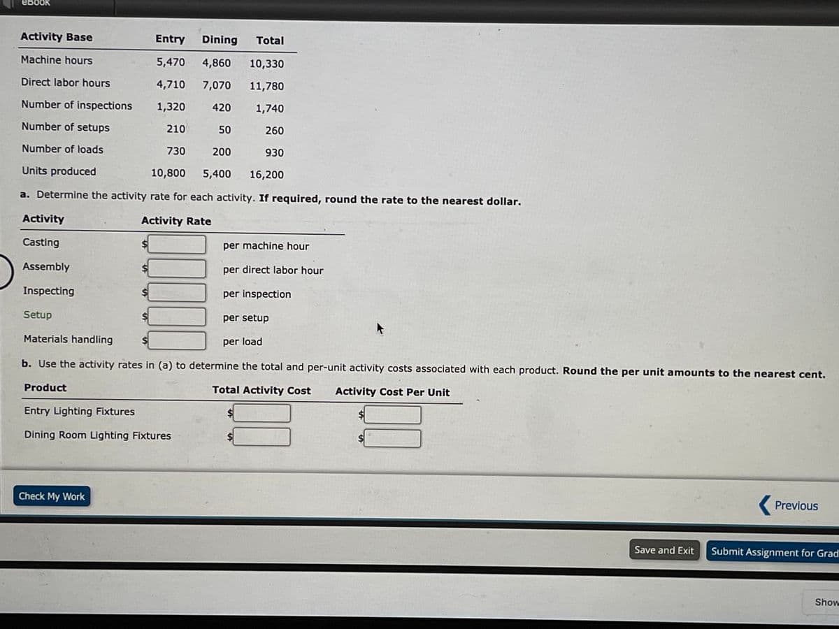 eBook
Activity Base
Entry
Dining
Total
Machine hours
5,470
4,860
10,330
Direct labor hours
4,710
7,070
11,780
Number of inspections
1,320
420
1,740
Number of setups
210
50
260
Number of loads
730
200
930
Units produced
10,800
5,400
16,200
a. Determine the activity rate for each activity. If required, round the rate to the nearest dollar.
Activity
Activity Rate
Casting
per machine hour
Assembly
per direct labor hour
Inspecting
per inspection
Setup
per setup
Materials handling
per load
b. Use the activity rates in (a) to determine the total and per-unit activity costs associated with each product. Round the per unit amounts to the nearest cent.
Product
Total Activity Cost
Activity Cost Per Unit
Entry Lighting Fixtures
Dining Room Lighting Fixtures
Check My Work
Previous
Save and Exit
Submit Assignment for Grad
Show
%24
