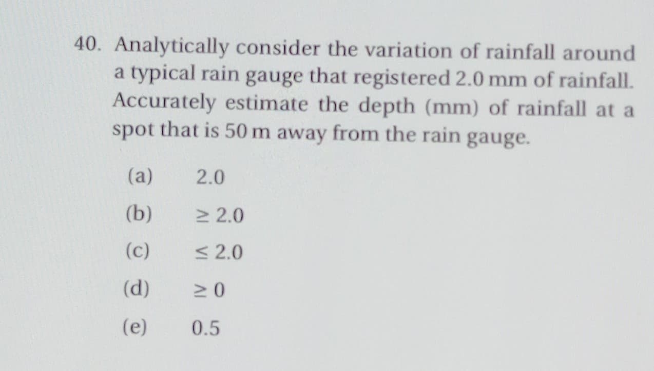 Analytically consider the variation of rainfall around
a typical rain gauge that registered 2.0 mm of rainfall.
Accurately estimate the depth (mm) of rainfall at a
spot that is 50 m away from the rain gauge.
(a)
2.0
(b)
> 2.0
(c)
< 2.0
(d)
(e)
0.5
