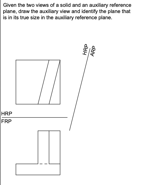 Given the two views of a solid and an auxiliary reference
plane, draw the auxiliary view and identify the plane that
is in its true size in the auxiliary reference plane.
HRP
FRP
HRP
ARP