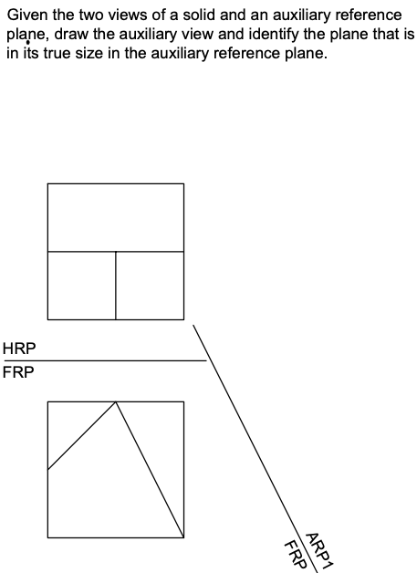 Given the two views of a solid and an auxiliary reference
plane, draw the auxiliary view and identify the plane that is
in its true size in the auxiliary reference plane.
HRP
FRP
FRP
ARP1