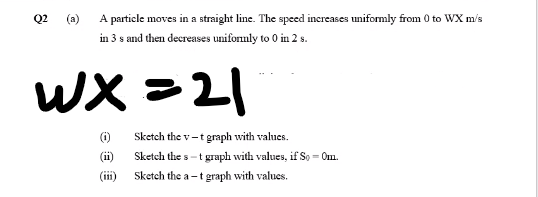 Q2 (a)
A particle moves in a straight line. The speed inereases uniformly from 0 to WX m/s
in 3 s and then decreases unifonuly to 0 in 2 s.
WX =21
(6)
Sketch the v-tgraph with values.
(ii)
Sketch the s-t graph with values, if So = Om.
(iii) Sketch the a-t graph with values.
