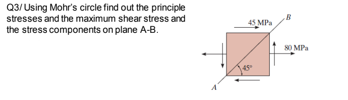 Q3/ Using Mohr's circle find out the principle
stresses and the maximum shear stress and
the stress components on plane A-B.
45 MPa
45°
B
80 MPa