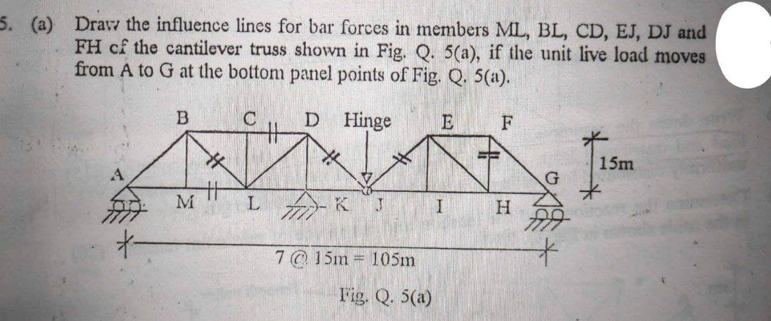 5. (a) Draw the influence lines for bar forces in members ML, BL, CD, EJ, DJ and
FH cf the cantilever truss shown in Fig. Q. 5(a), if the unit live load moves
from A to G at the bottom panel points of Fig. Q. 5(a).
B
C
D
Hinge E
F
#
15m
A
I
H
M
*
L
-K
7 @ 15m= 105m
Fig. Q. 5(a)