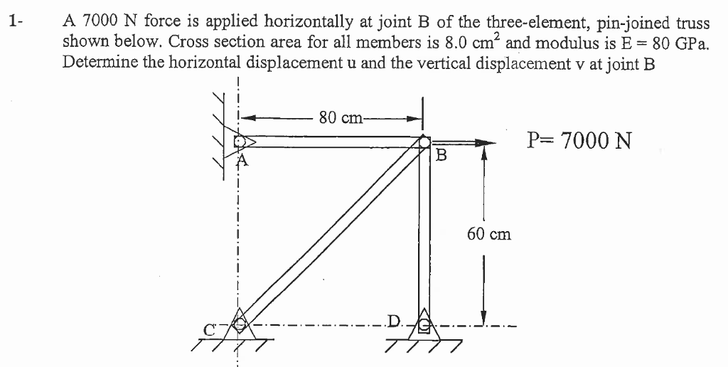 1-
A 7000 N force is applied horizontally at joint B of the three-element, pin-joined truss
shown below. Cross section area for all members is 8.0 cm² and modulus is E = 80 GPa.
Determine the horizontal displacement u and the vertical displacement v at joint B
80 cm-
B
60 cm
P= 7000 N
