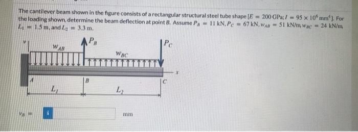 The cantilever beam shown in the figure consists of a rectangular structural steel tube shape [E 200 GPa; /
the loading shown, determine the beam deflection at point B. Assume P 11 kN. Pc = 67 kN, WAB
- 95 x 10 mm 1 For
L 1.5 m, and L₂= 3.3 m.
51 kN/m, wac24 kN/m
L
WAB
L₁
B
WBC
L₂
mm
Pc