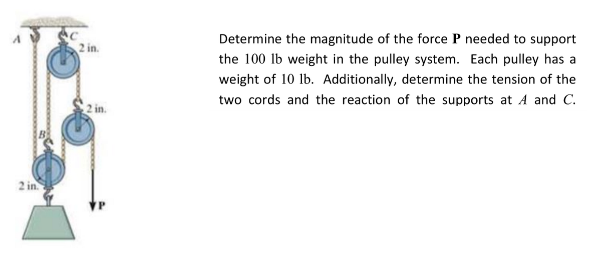 Determine the magnitude of the force P needed to support
2 in.
the 100 lb weight in the pulley system. Each pulley has a
weight of 10 lb. Additionally, determine the tension of the
two cords and the reaction of the supports at A and C.
2 in.
2 in.
