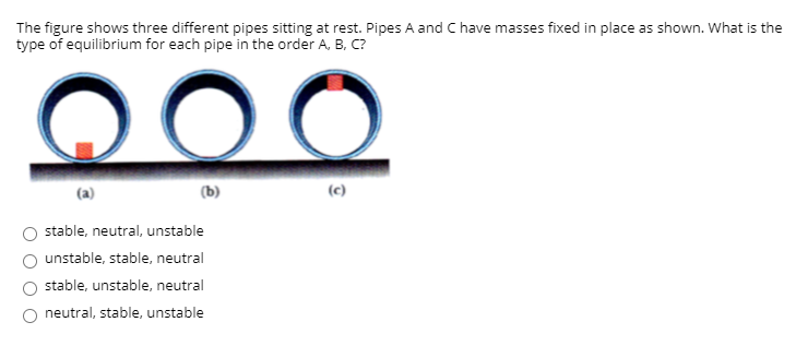 The figure shows three different pipes sitting at rest. Pipes A and C have masses fixed in place as shown. What is th
type of equilibrium for each pipe in the order A, B, C?
stable, neutral, unstable
unstable, stable, neutral
stable, unstable, neutral
neutral, stable, unstable
