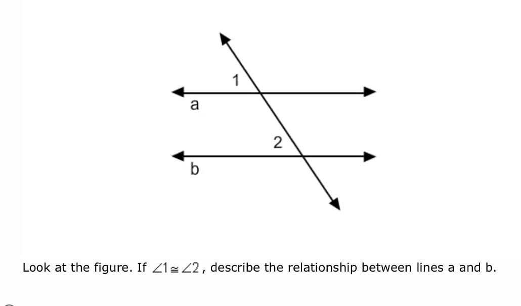 1
a
2
b
Look at the figure. If 212 22, describe the relationship between lines a and b.
