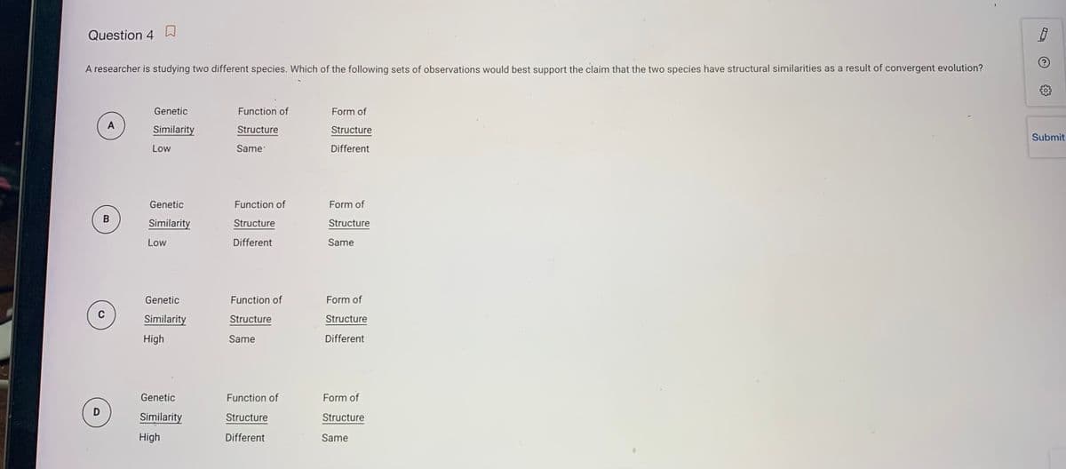 Question 4
A researcher is studying two different species. Which of the following sets of observations would best support the claim that the two species have structural similarities as a result of convergent evolution?
Genetic
Function of
Form of
A
Similarity
Structure
Structure
Submit
Low
Same
Different
Genetic
Function of
Form of
Similarity
Structure
Structure
Low
Different
Same
Genetic
Function of
Form of
Similarity
Structure
Structure
High
Same
Different
Genetic
Function of
Form of
Similarity
Structure
Structure
High
Different
Same
B.

