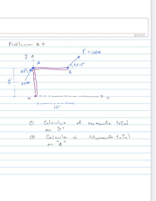 9/92021
Problema H 2
f- 100
53.13*
60
3014
10'
Clcule
ed Ma Mante total
en
Calcule el
"A"
Momento to tal
