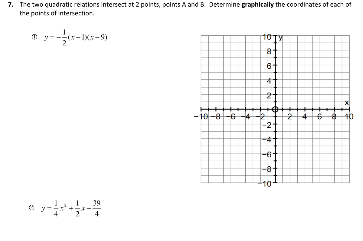 7. The two quadratic relations intersect at 2 points, points A and B. Determine graphically the coordinates of each of
the points of intersection.
O y
(х-1)(х—9)
2
10 ТУ
2-
-10-8-6
-4-2
-2+
4
8 10
-4
-81
-10
1
1
39
4
4
XT
do
||
