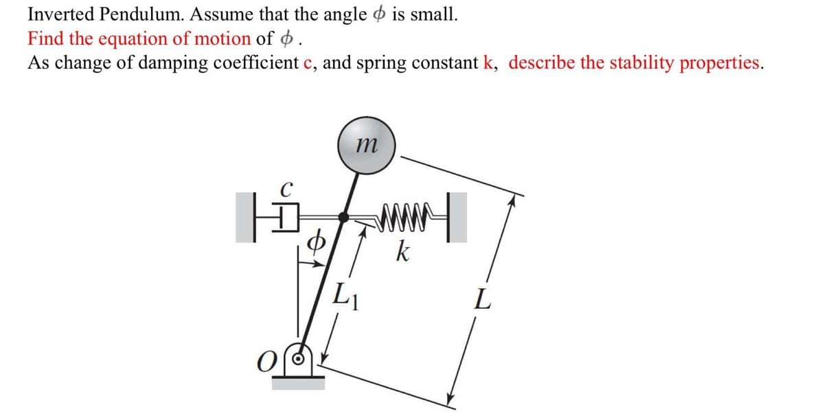 Inverted Pendulum. Assume that the angle is small.
Find the equation of motion of ¢.
As change of damping coefficient c, and spring constant k, describe the stability properties.
m
k

