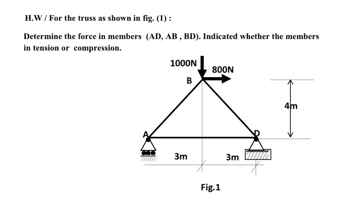 H.W / For the truss as shown in fig. (1) :
Determine the force in members (AD, AB , BD). Indicated whether the members
in tension or compression.
1000N
800N
В
4m
3m
3m
Fig.1
