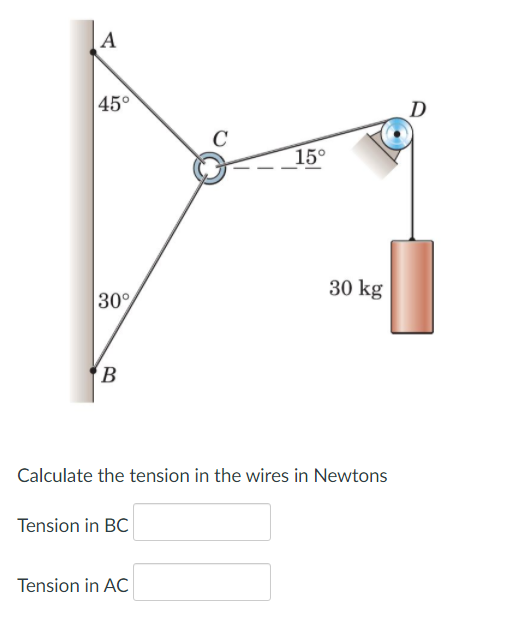 A
45°
D
C
15°
30 kg
30%
B
Calculate the tension in the wires in Newtons
Tension in BC
Tension in AC
