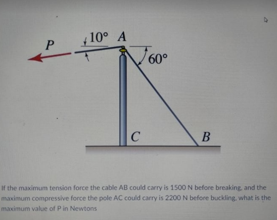 10° A
V60°
B
If the maximum tension force the cable AB could carry is 1500N before breaking, and the
maximum compressive force the pole AC could carry is 2200 N before buckling, what is the
maximum value of P in Newtons
