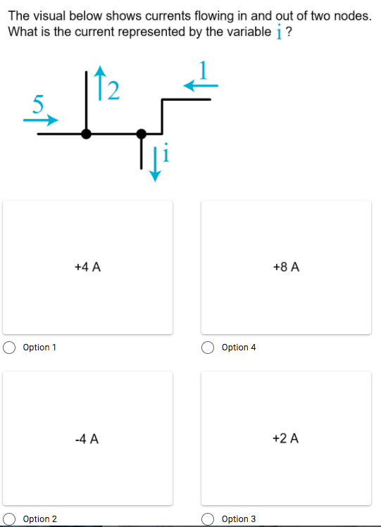 The visual below shows currents flowing in and out of two nodes.
What is the current represented by the variable i ?
12
5.
+4 A
+8 A
Option 1
Option 4
-4 A
+2 A
Option 2
Option 3
