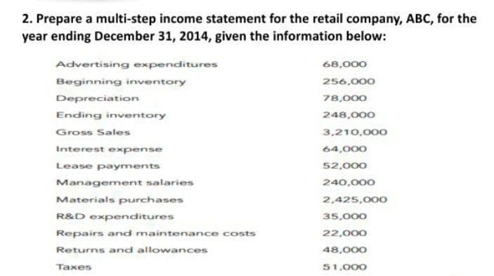 2. Prepare a multi-step income statement for the retail company, ABC, for the
year ending December 31, 2014, given the information below:
Advertising expenditures
Beginning inventory
Depreciation
Ending inventory
Gross Sales
Interest expense
Lease payments
Management salaries
Materials purchases
R&D expenditures
Repairs and maintenance costs
Returns and allowances
Taxes
68,000
256,000
78,000
248,000
3,210,000
64,000
52,000
240,000
2,425,000
35,000
22,000
48,000
51.000