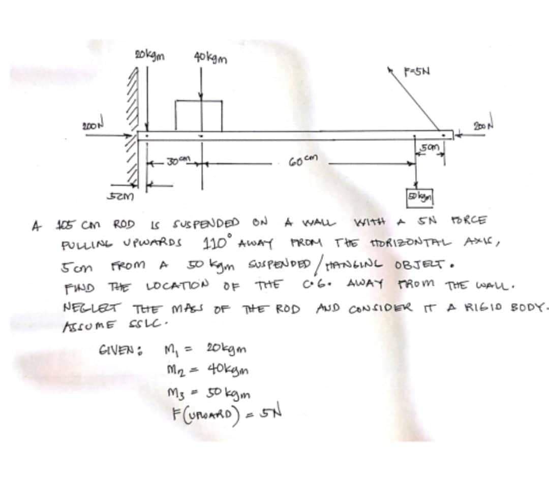2001
52M
20kgm
30 am
40kgm
GIVEN: M₁ =
20kgm
M₂ = 40kgm
50 km
A 105 cm ROD IS SUSPENDED ON A WALL WITH A SN FORCE
PULLING UPWARDS 110° AWAY
FROM THE HORIZONTAL AXI6,
THE
San FROM A 50 kgm SUSPENDED / HANGING OBJECT.
FIND THE LOCATION OF
C.G. AWAY FROM THE WALL.
NEGLECT THE MASS OF THE ROD AND CONSIDER IT A RIGID BODY.
ASSUME SSLC.
M3
50 kgm
F(URDARD) = SN
60cm
P
F-5N
5am
