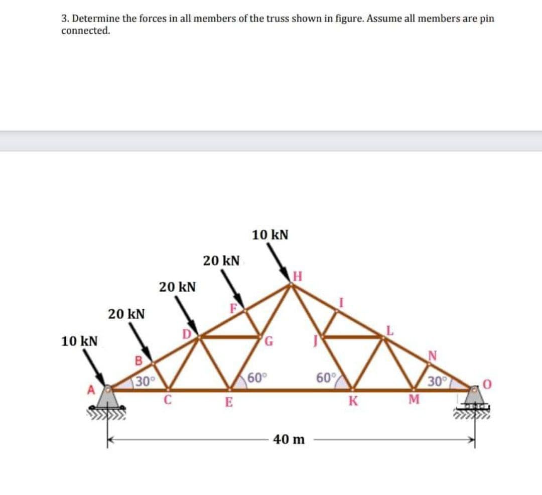 3. Determine the forces in all members of the truss shown in figure. Assume all members are pin
connected.
10 KN
20 KN
30°
20 KN
20 KN
E
10 kN
G
60°
H
40 m
60%
K
M
30°