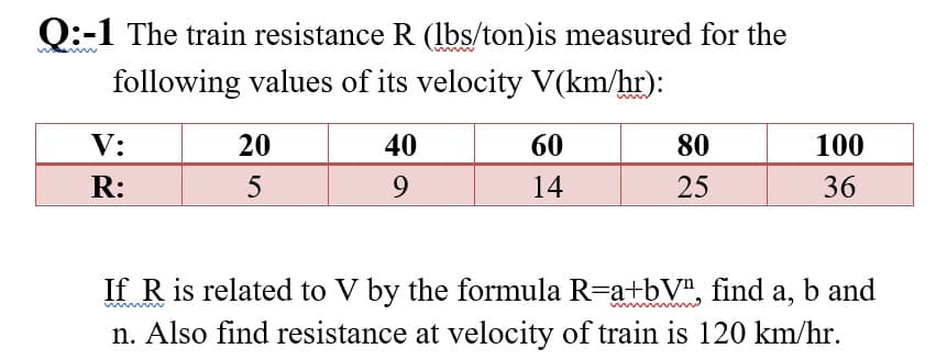 Q:-1 The train resistance R (lbs/ton)is measured for the
www
following values of its velocity V(km/hr):
V:
20
40
60
80
100
R:
5
9.
14
25
36
If R is related to V by the formula R=a+bV", find a, b and
n. Also find resistance at velocity of train is 120 km/hr.
