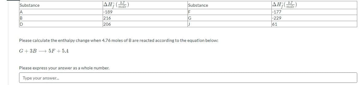 Substance
AH: (E
mole
Substance
AH:(
|-189
216
206
fmole
|-177
-229
A
IF
B
ID
G
61
Please calculate the enthalpy change when 4.76 moles of B are reacted according to the equation below:
G + 3B → 5F + 5A
Please express your answer as a whole number.
Type your answer.

