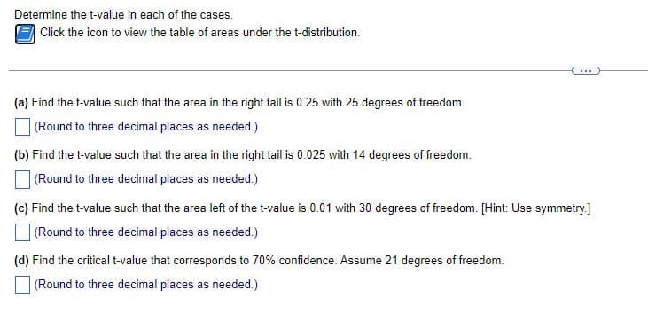 Determine the t-value in each of the cases.
Click the icon to view the table of areas under the t-distribution.
...
(a) Find the t-value such that the area in the right tail is 0.25 with 25 degrees of freedom.
| (Round to three decimal places as needed.)
(b) Find the t-value such that the area in the right tail is 0.025 with 14 degrees of freedom.
|(Round to three decimal places as needed.)
(c) Find the t-value such that the area left of the t-value is 0.01 with 30 degrees of freedom. [Hint: Use symmetry.]
| (Round to three decimal places as needed.)
(d) Find the critical t-value that corresponds to 70% confidence. Assume 21 degrees of freedom.
(Round to three decimal places as needed.)
