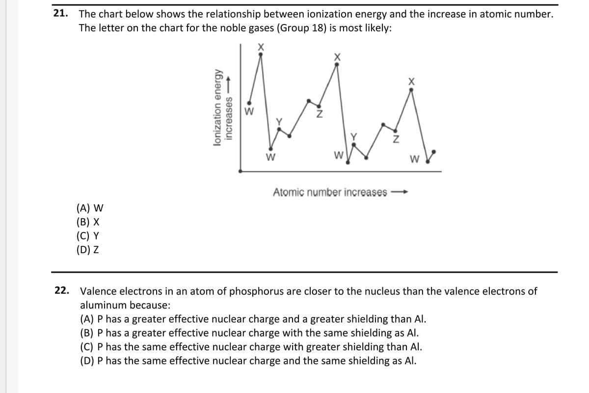21. The chart below shows the relationship between ionization energy and the increase in atomic number.
The letter on the chart for the noble gases (Group 18) is most likely:
X
Y
W
Atomic number increases
(A) W
(В) х
(C) Y
(D) Z
22. Valence electrons in an atom of phosphorus are closer to the nucleus than the valence electrons of
aluminum because:
(A) P has a greater effective nuclear charge and a greater shielding than AlI.
(B) P has a greater effective nuclear charge with the same shielding as Al.
(C) P has the same effective nuclear charge with greater shielding than Al.
(D) P has the same effective nuclear charge and the same shielding as Al.
lonization energy
increases -
