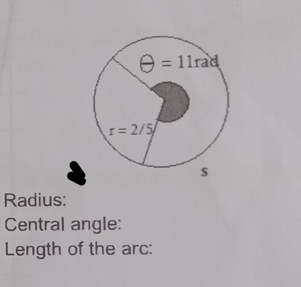 =D11rad
%3D
I= 2/5/
Radius:
Central angle:
Length of the arc:
