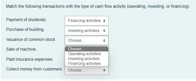 Match the following transactions with the type of cash flow activity (operating, investing, or financing).
Payment of dividends.
Financing activities :
Purchase of building.
Investing activities +
Issuance of common stock
Choose..
Sale of machine.
Choose..
Operating activities
Investing activities
Financing activities
Paid insurance expenses.
Collect money from customers.
Choose...
