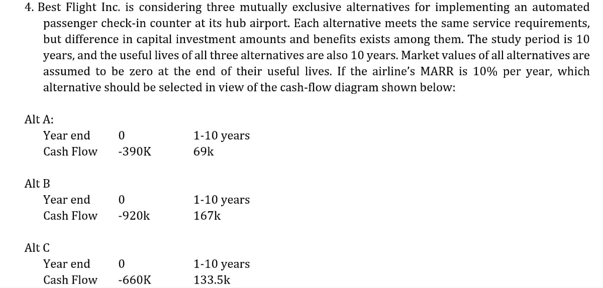 4. Best Flight Inc. is considering three mutually exclusive alternatives for implementing an automated
passenger check-in counter at its hub airport. Each alternative meets the same service requirements,
but difference in capital investment amounts and benefits exists among them. The study period is 10
years, and the useful lives of all three alternatives are also 10 years. Market values of all alternatives are
assumed to be zero at the end of their useful lives. If the airline's MARR is 10% per year, which
alternative should be selected in view of the cash-flow diagram shown below:
Alt A:
Year end
1-10 years
Cash Flow
-390K
69k
Alt B
Year end
1-10 years
Cash Flow
-920k
167k
Alt C
Year end
1-10 years
Cash Flow
-660K
133.5k
