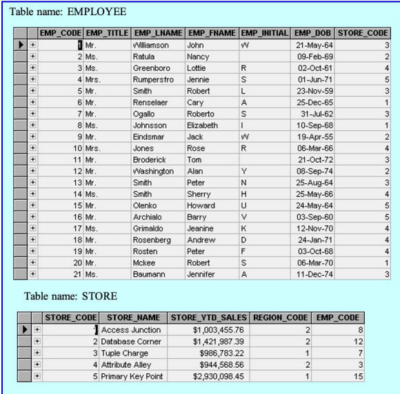 Table name: EMPLOYEE
EMP_CODE EMP_TITLE EMP_LNAME EMP_FNAME EMP_INITIAL EMP_DOB STORE_CODE
Mr.
Villiamson
John
21-May-64
2 Ms.
Ratula
Nancy
09-Feb-69
3 Ms.
Greenboro
Lottie
02-Oct-61
4
4 Mrs.
Rumpersfro Jennie
01-Jun-71
5 Mr.
6 Mr.
7 Mr.
8 Ms.
9 Mr.
Smith
Robert
23-Nov-59
3
Renselaer
Cary
25-Dec-65
1
Ogallo
Johnsson
Roberto
31-Jul-62
3
Elizabeth
10-Sep-68
1
Eindsmar
Jack
19-Apr-55
10 Mrs.
Jones
Rose
06-Mar-66
4
11 Mr.
Broderick
Tom
21-Oct-72
3
+
12 Mr.
08-Sep-74
25-Aug-64
25-May-66
24-May-64
Washington
Alan
Y
13 Mr.
Smith
Peter
3
14 Ms.
Smith
Sherry
4
+
15 Mr.
Olenko
Howard
16 Mr.
Archialo
Barry
03-Sep-60
5
17 Ms.
Grimaldo
Jeanine
K
12-Nov-70
4
18 Mr.
Rosenberg
Andrew
D
24-Jan-71
4
19 Mr.
Rosten
Peter
F
03-Oct-68
4
20 Mr.
Mckee
Robert
06-Mar-70
1
21 Ms.
Baumann
Jennifer
A
11-Dec-74
3.
Table name: STORE
STORE_CODE STORE_NAME STORE_YTD_SALES REGION_CODE EMP_CODE
$1,003,455.76
1 Access Junction
2 Database Corner
3 Tuple Charge
4 Attribute Alley
5 Primary Key Point
$1,421,987.39
2
$986,783.22
1
$944,568.56
3
$2,930,098.45
1
15
0273
ZID>
+ ++ +
+ + + ++ ++ ++
