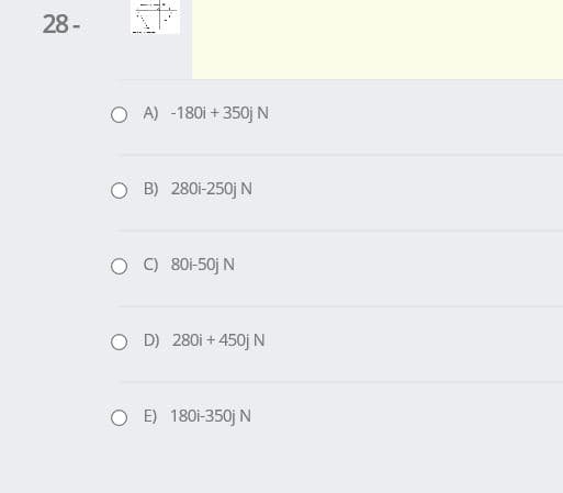 28 -
A) -180i + 350j N
O B) 280i-250j N
C) 80i-50j N
O D) 280i + 450j N
O E) 180i-350j N
