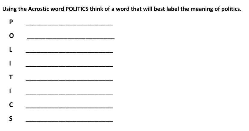 Using the Acrostic word POLITICS think of a word that will best label the meaning of politics.
P
L
