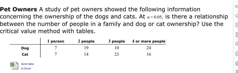 Pet Owners A study of pet owners showed the following information
concerning the ownership of the dogs and cats. At a-0.05, is there a relationship
between the number of people in a family and dog or cat ownership? Use the
critical value method with tables.
3 people
10
23
4 or more people
24
1 person
2 people
19
Dog
14
16
Cat
