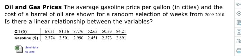 Oil and Gas Prices The average gasoline price per gallon (in cities) and the
cost of a barrel of oil are shown for a random selection of weeks from 2009-2010.
Is there a linear relationship between the variables?
Oil ($)
Gasoline ($)
67.31 81.16 87.76 52.63 50.33 84.21
2.374 2.501 2.990 2.451 2.373 2.891
