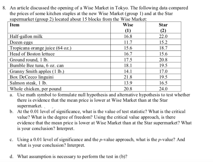 8. An article discussed the opening of a Wise Market in Tokyo. The following data compared
the prices of some kitchen staples at the new Wise Market (group 1) and at the Star
supermarket (group 2) located about 15 blocks from the Wise Market:
Item
Wise
Star
(1)
16.8
(2)
22.0
Half-gallon milk
Dozen eggs
Tropicana orange juice (64 oz.)
Head of Boston lettuce
Ground round, 1 lb.
Bumble Bee tuna, 6 oz. can
Granny Smith apples (1 lb.)
Box DeCecco linguini
Salmon steak, 1 lb.
Whole chicken, per pound
a. Use math symbol to formulate null hypothesis and alternative hypothesis to test whether
there is evidence that the mean price is lower at Wise Market than at the Star
supermarket.
b. At the 0.01 level of significance, what is the value of test statistic? What is the critical
value? What is the degree of freedom? Using the critical value approach, is there
evidence that the mean price is lower at Wise Market than at the Star supermarket? What
is your conclusion? Interpret.
15.2
18.7
11.7
15.6
16.7
15.6
17.5
18.1
20.8
19.5
14.1
17.0
21.8
19.5
13.9
16.5
24.0
20.8
c. Using a 0.01 level of significance and the p-value approach, what is the p-value? And
what is your conclusion? Interpret.
d. What assumption is necessary to perform the test in (b)?
